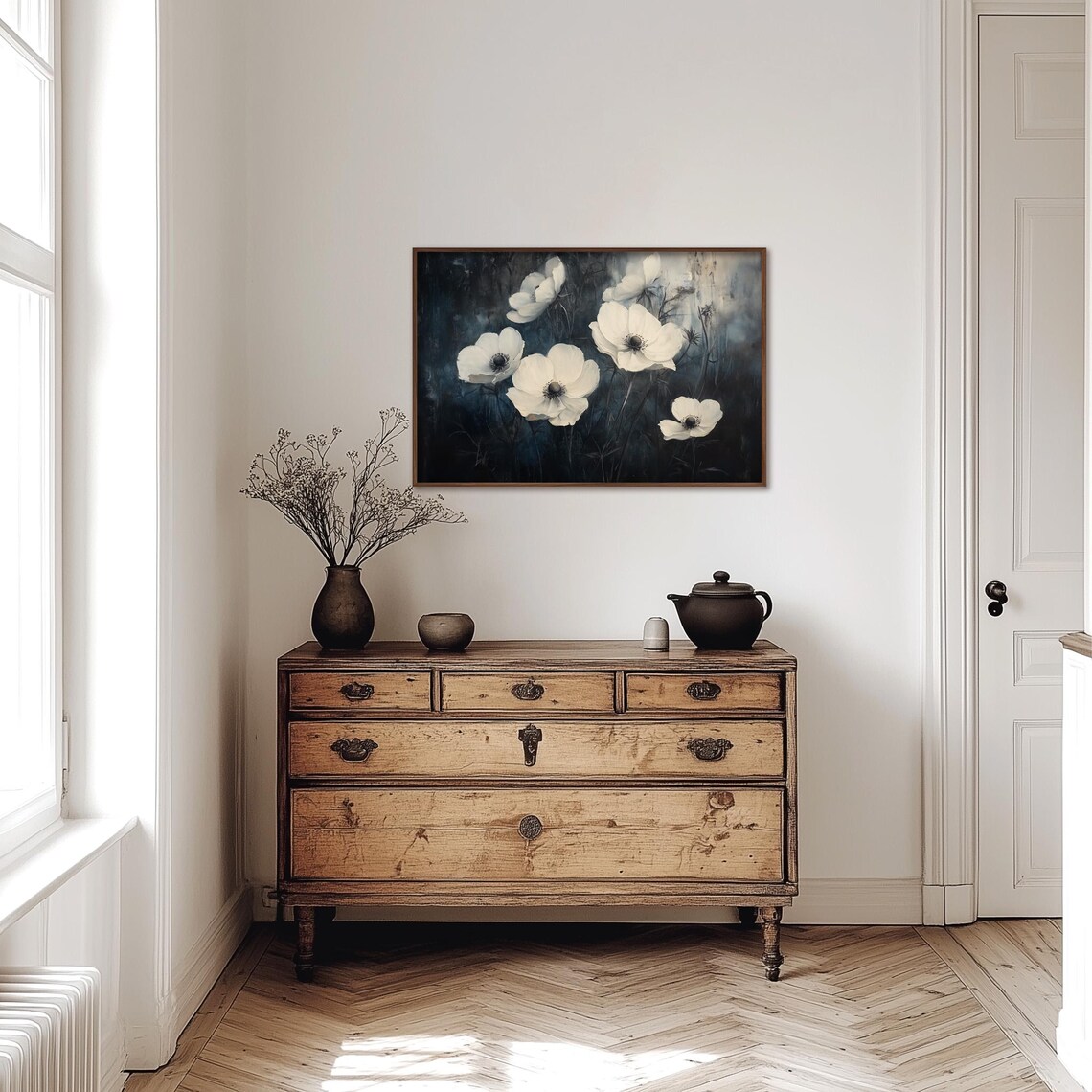 White Anemone Blossoms Against Moody Dark Floral Background Poster - Image 3