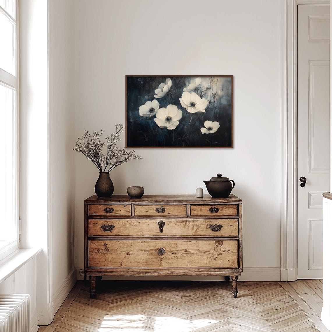 White Poppy Painting Vintage Flowers Wall Print Flower Print Wall Decor Floral Wall Art Dark Moody Oil Painting Art - Image 3