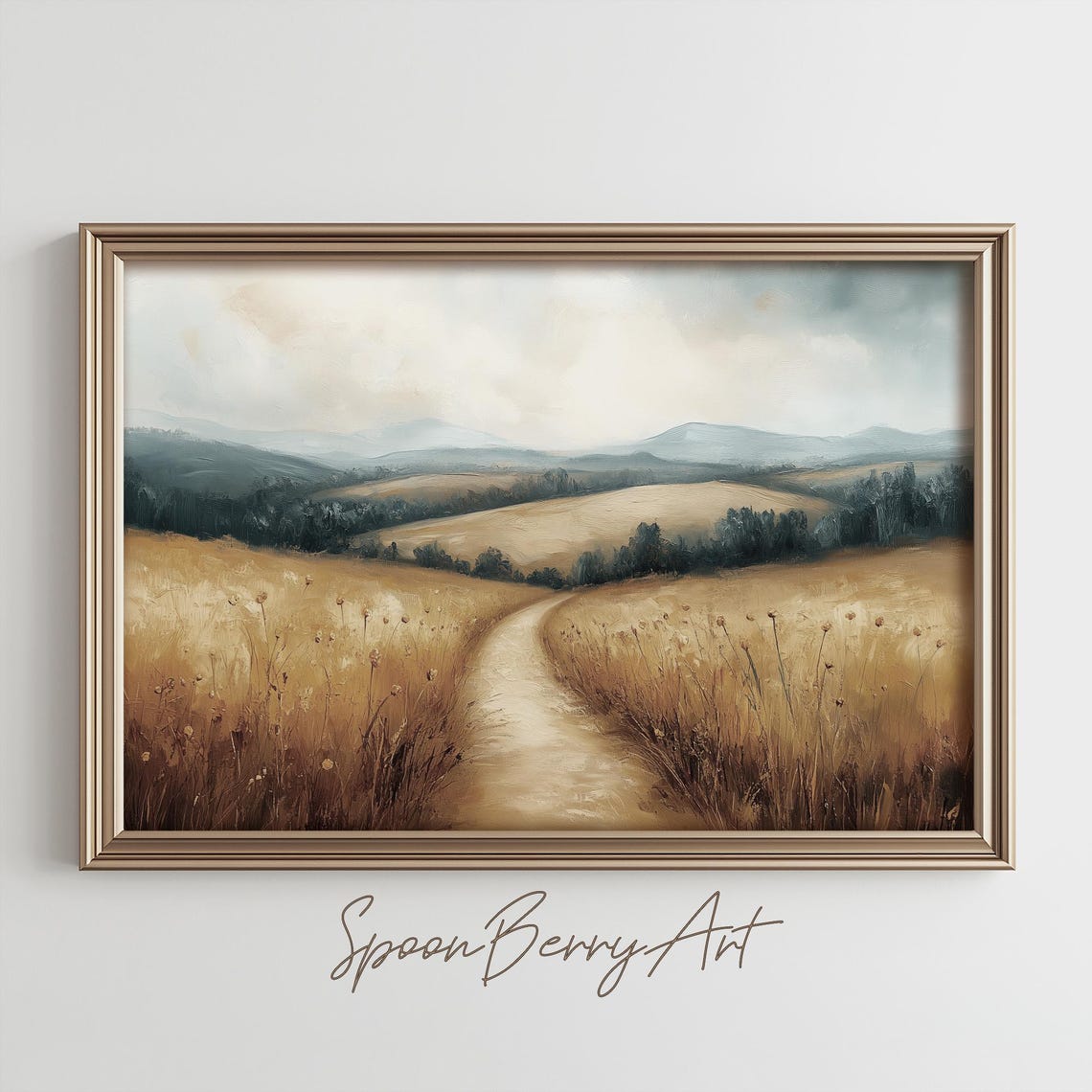 Misty Golden Wheat Field Dirt Path Between Rolling Hills Poster