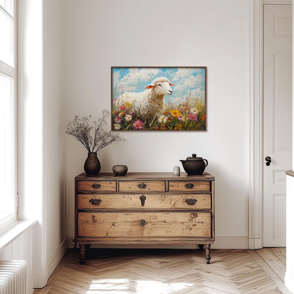 White Sheep In Colorful Wildflower Meadow Under Blue Sky Poster - Image 4