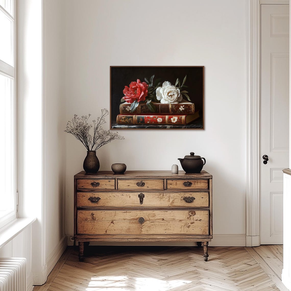 Stacked Antique Books with Red White Roses Dark Library Poster - Image 3