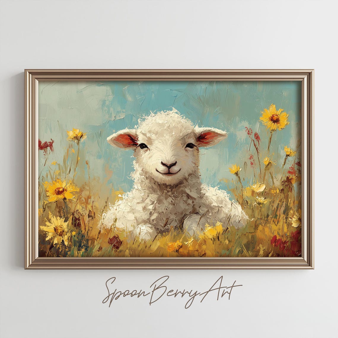 Happy Little Lamb In Wildflower Meadow Under Blue Sky Poster