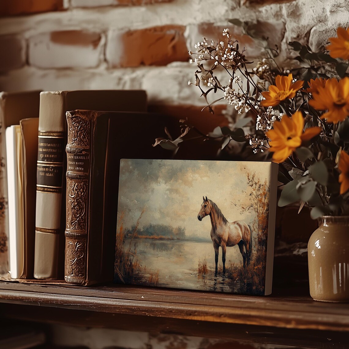 Tan Horse Wading At Autumn Lake Edge In Morning Light Poster - Image 5