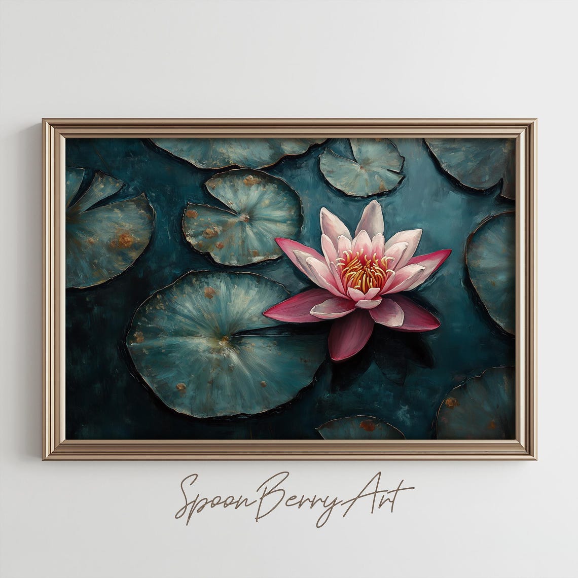 Magenta Water Lily Floating On Dark Teal Pond Above View Poster