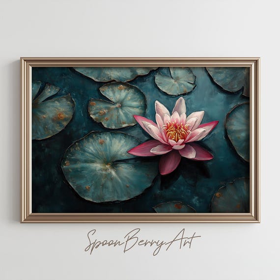 Lily Pad Painting Vintage Flower Wall Print Water Lily Print Wall Decor Floral Wall Art Dark Moody Oil Painting Art