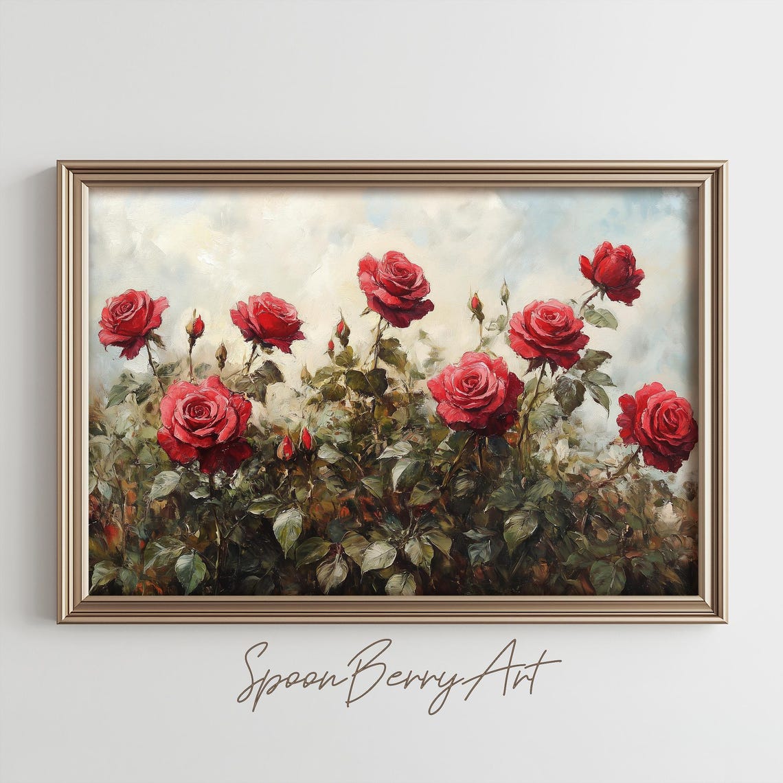 Red Rose Bush Blooming Profusely Against Bright Cloudy Sky Poster