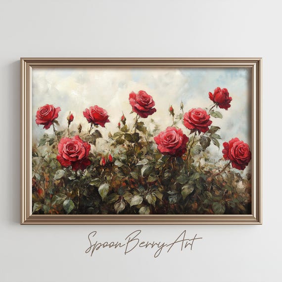 Red Roses Painting Vintage Flowers Wall Print Rose Bush Print Wall Decor Floral Wall Art Dark Moody Oil Painting Art