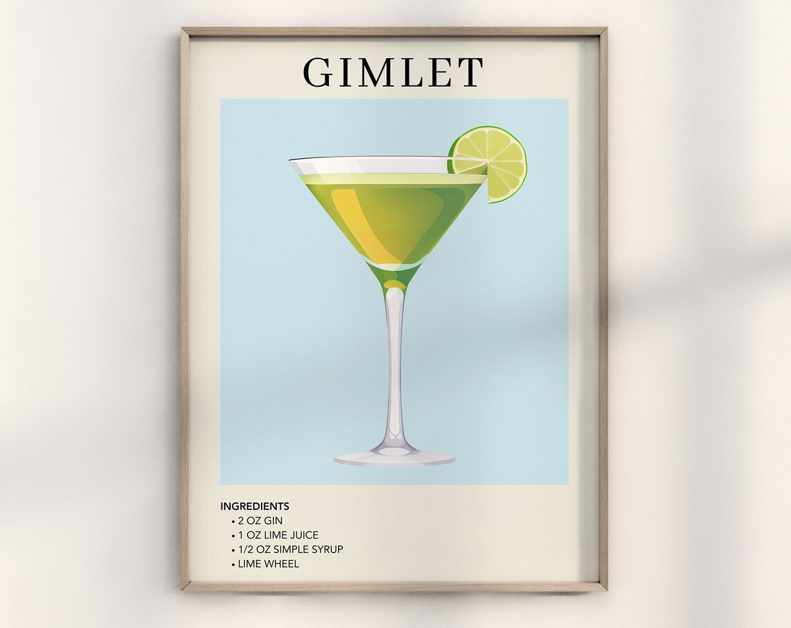 Classic Gimlet Cocktail Recipe Art Poster With Fresh Lime Wheel Design