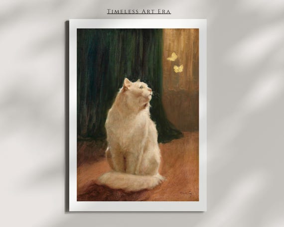 Elegant White Cat Watching Butterflies Classic Oil Painting Poster