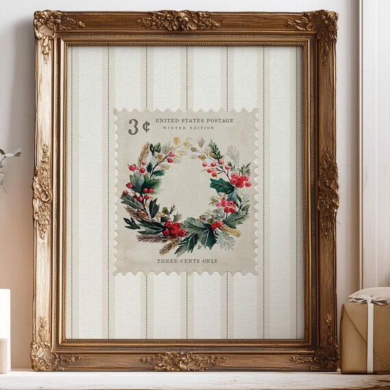 Vintage Christmas Wreath Postage Stamp Holiday Season Poster