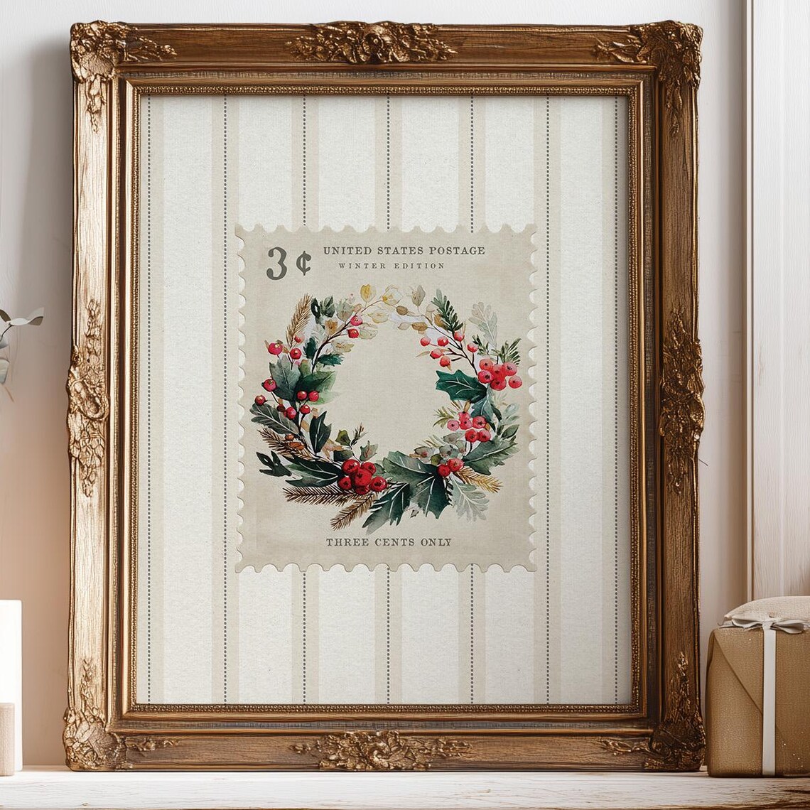 Vintage Christmas Wreath Postage Stamp Holiday Season Poster