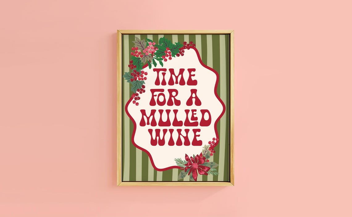 Time For A Mulled Wine Retro Stripe Berry Holly Christmas Poster