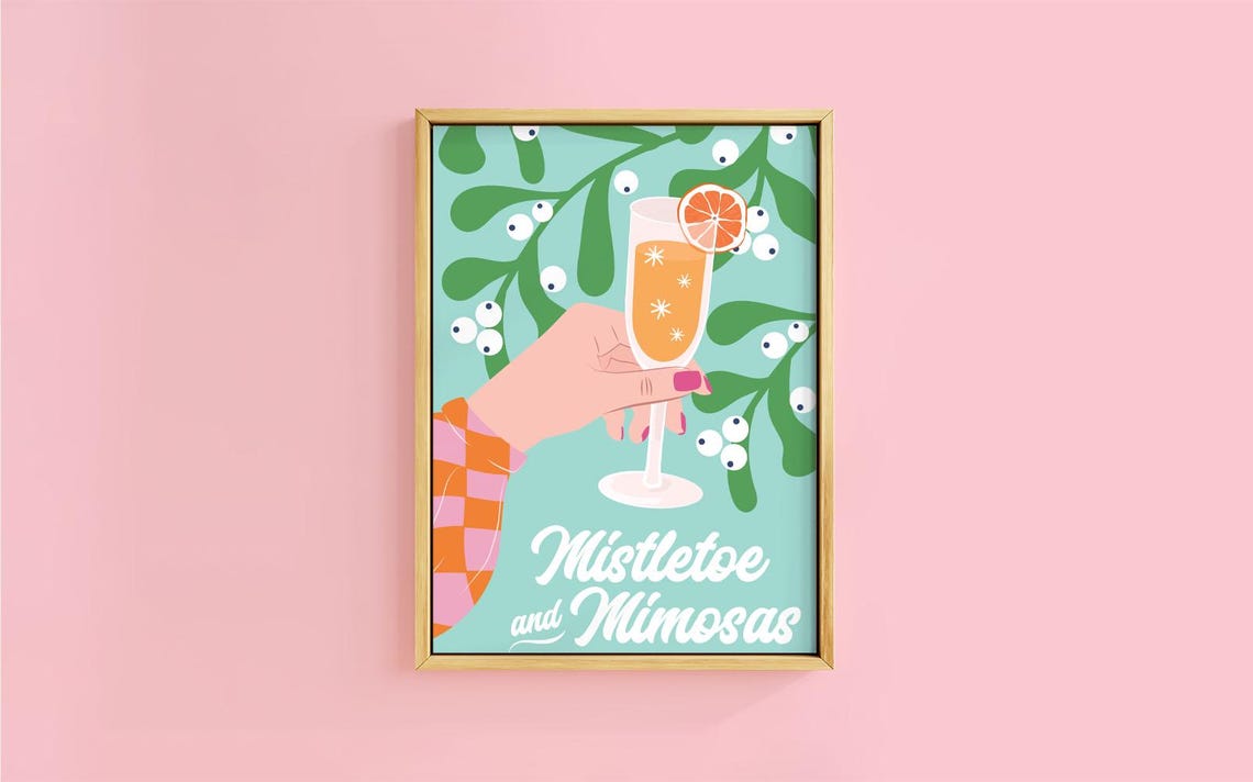 Mistletoe And Mimosas Cocktail Hand Festive Holiday Bar Poster