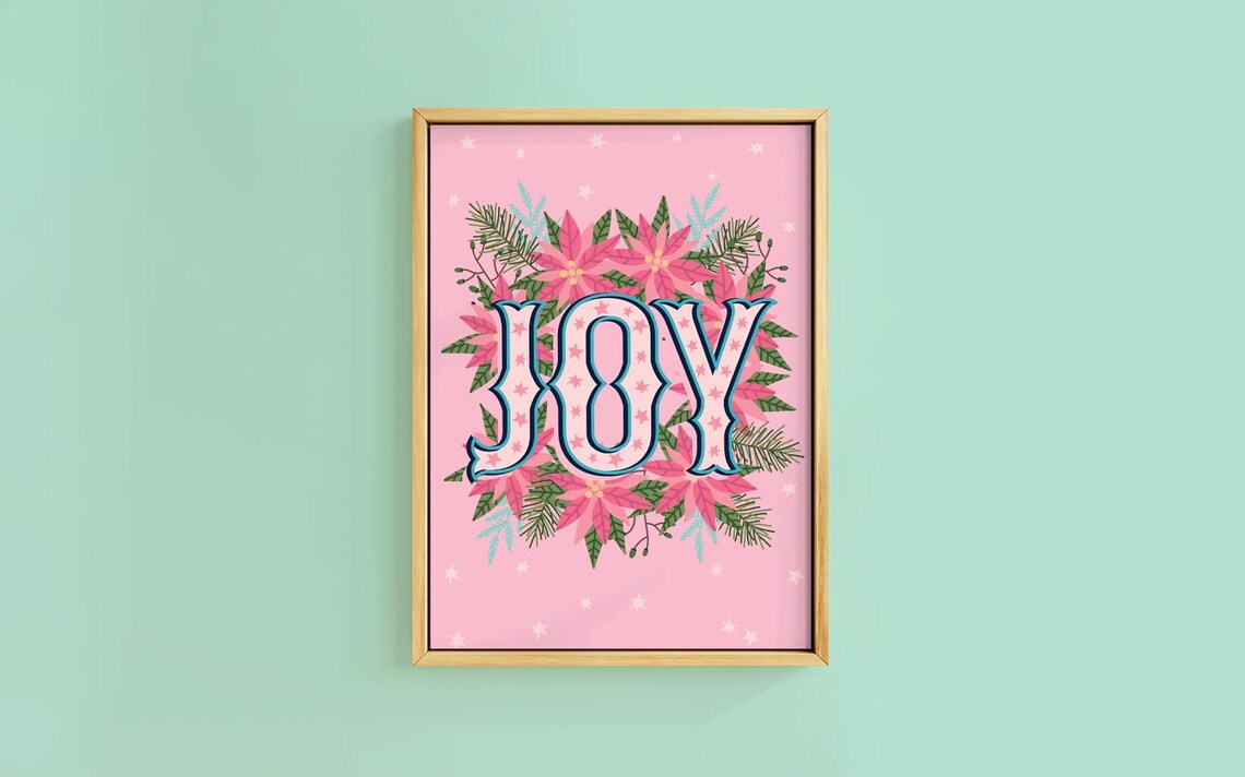 Cute Joy Pink Poinsettia Christmas Floral Pastel Holiday Poster