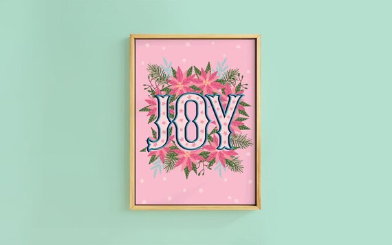 Cute Joy Pink Poinsettia Christmas Floral Pastel Holiday Poster
