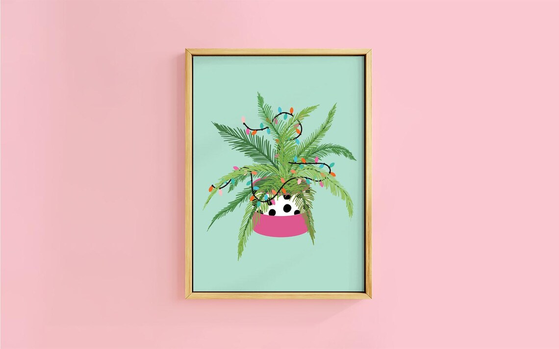 Lit Palm Plant Colourful Fairy Lights Spotted Pot Tropical Christmas Poster