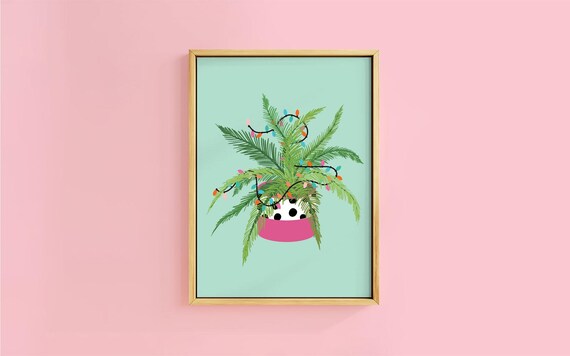 Lit Palm Plant Colourful Fairy Lights Spotted Pot Tropical Christmas Poster