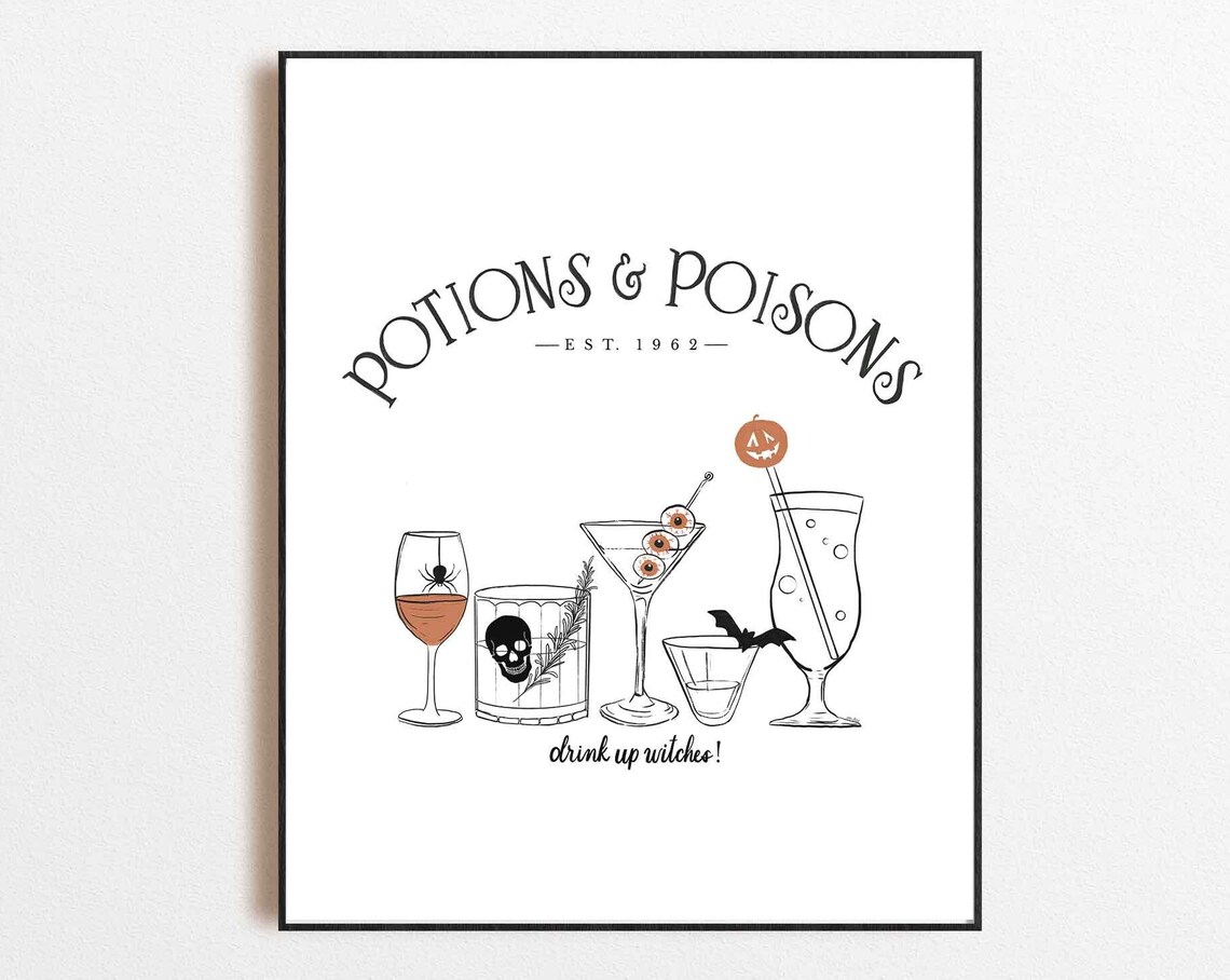 Halloween Bar Cart Drinks Line Art Print