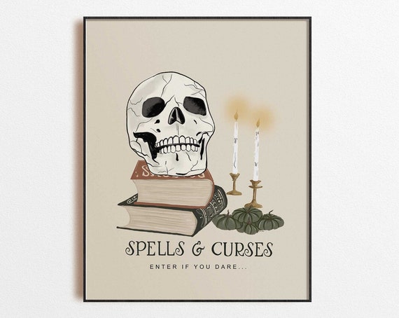 Halloween Wall Art Skull Print Door Sign Spooky Decor Enter If You Dare Light Academia