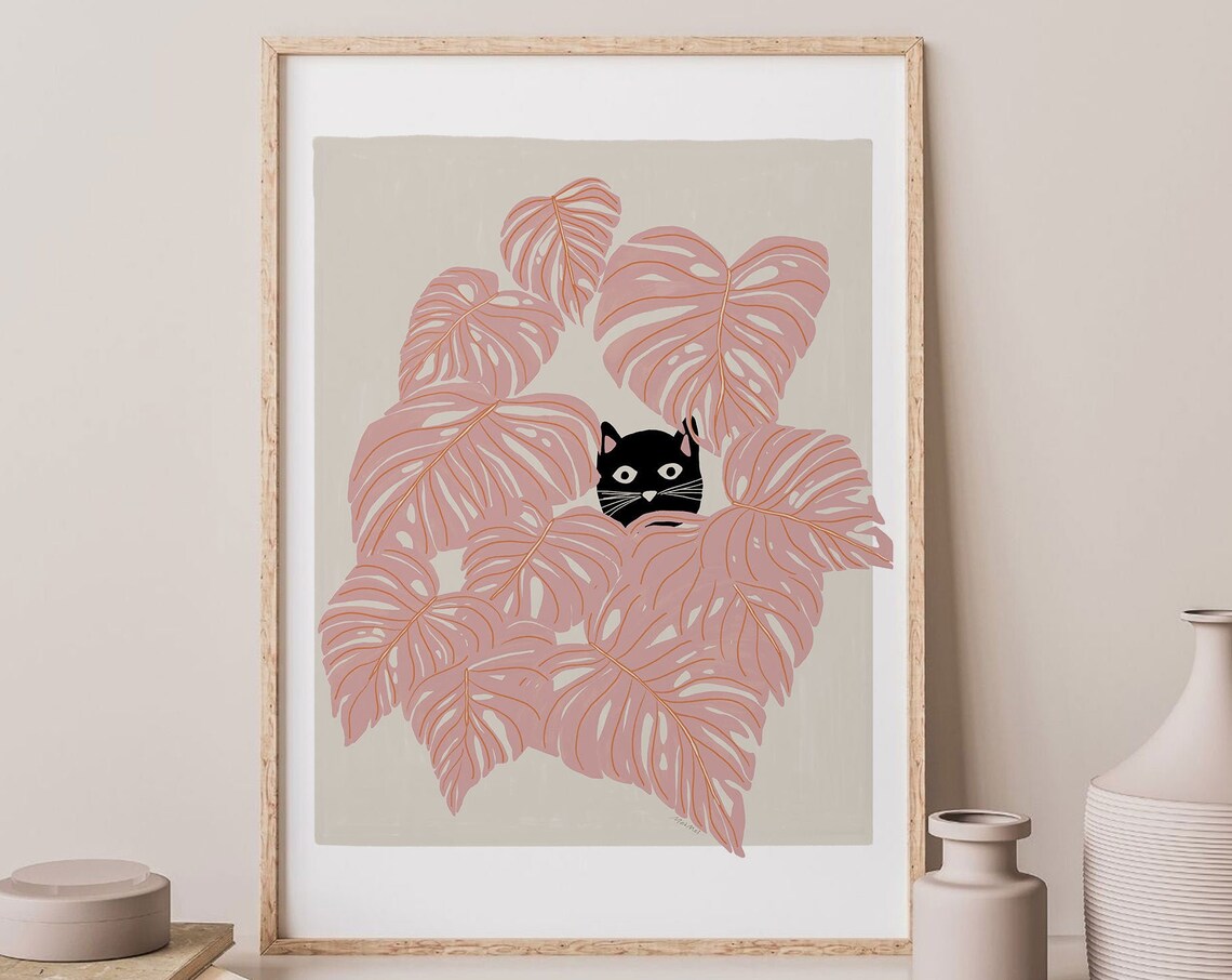 Peekaboo Cat Plant Art Print, Cute Neutral Decor