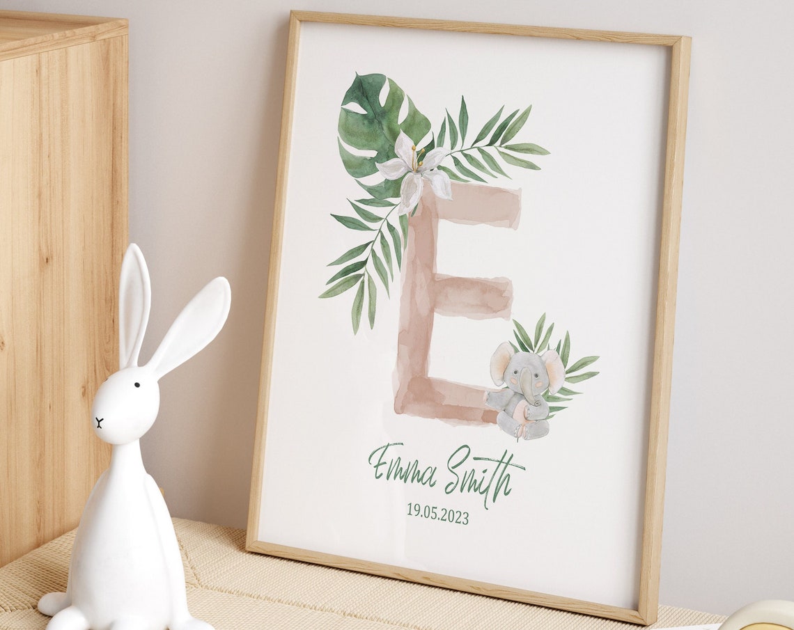 Personalized Baby Initial Name Poster Elephant Nursery Art Gift