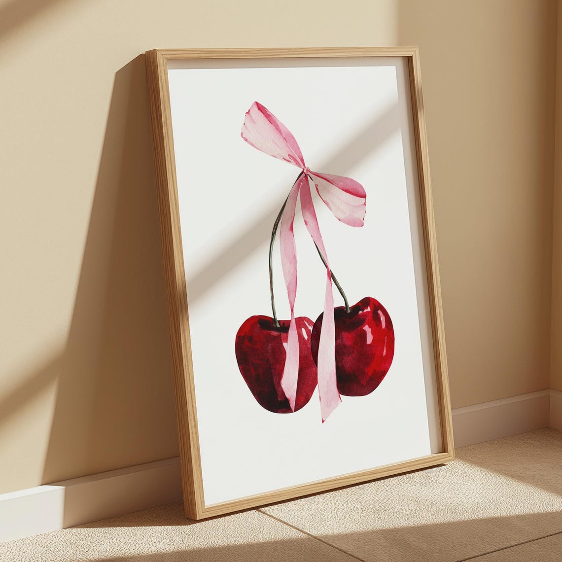 Watercolor Cherry With Pink Bow Coquette Kitchen Wall Poster