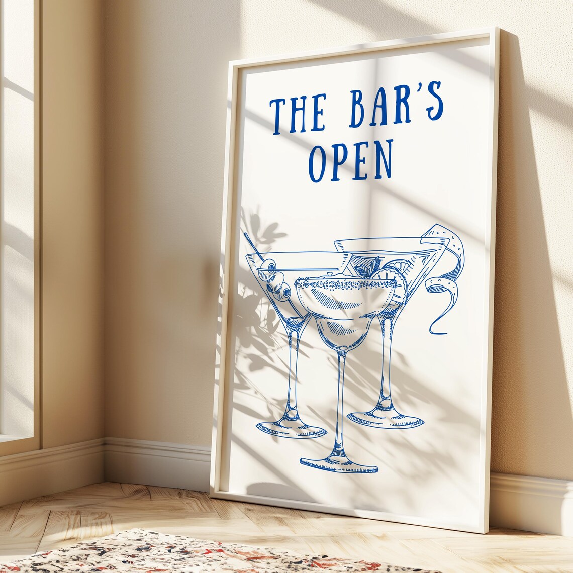 The Bars Open Cocktail Glasses Blue Line Art Kitchen Bar Poster - Image 4