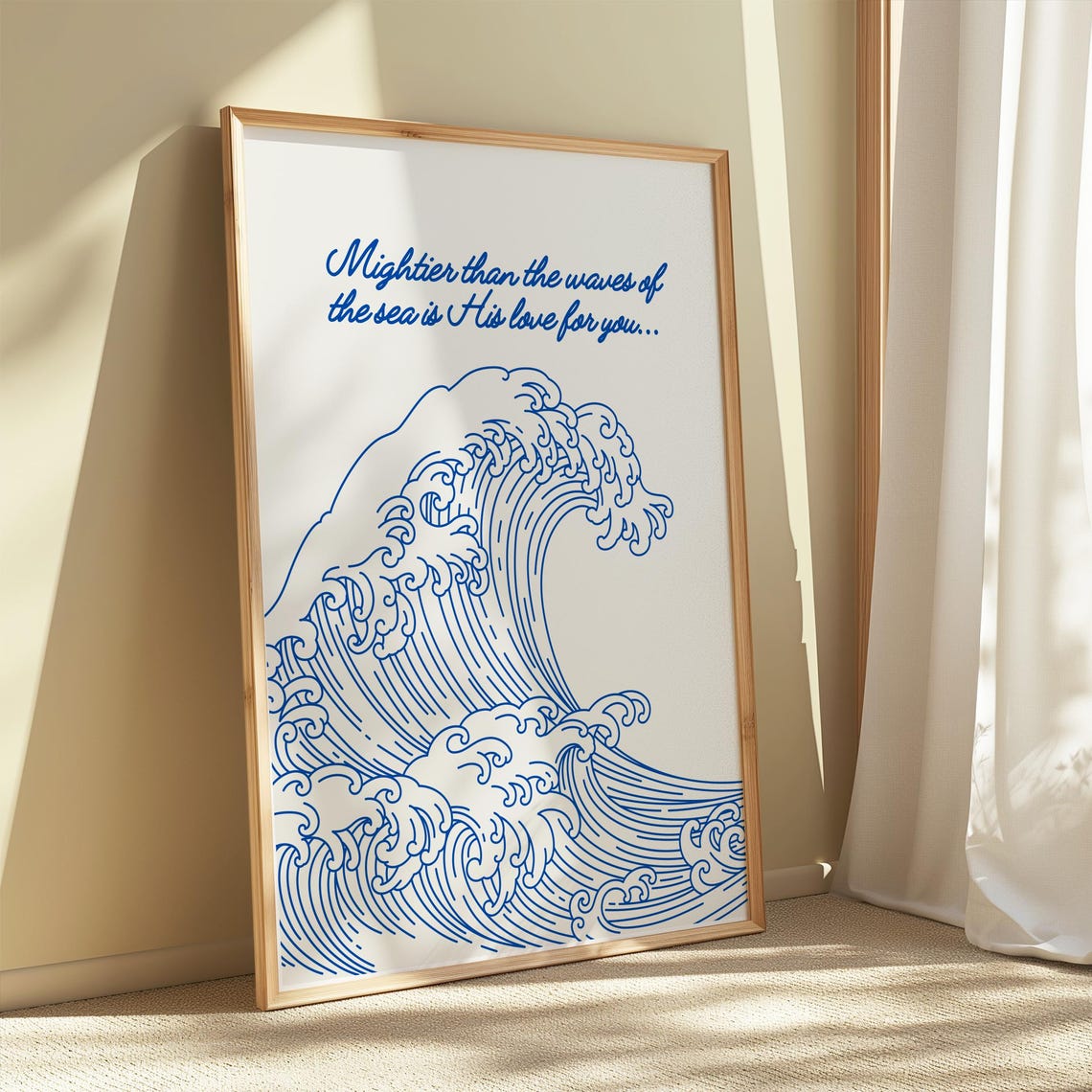 Mightier Than The Waves Faith Quote Blue Ocean Line Art Poster - Image 3
