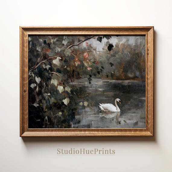 Swan Art Print Vintage Swan Wall Art Moody Swan Oil Painting Farmhouse Wall Art Cottagecore Decor