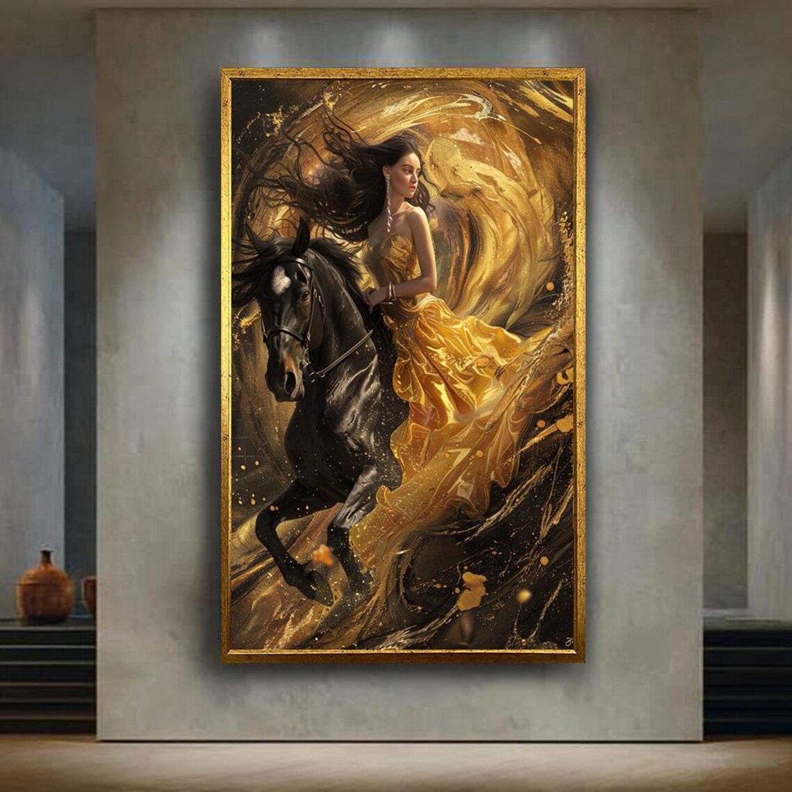 Golden Woman Riding Black Horse Flowing Gown Luxury Fantasy Art Poster