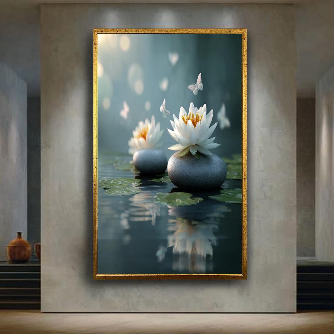 White Flower and Butterflies Zen Nature Art Print