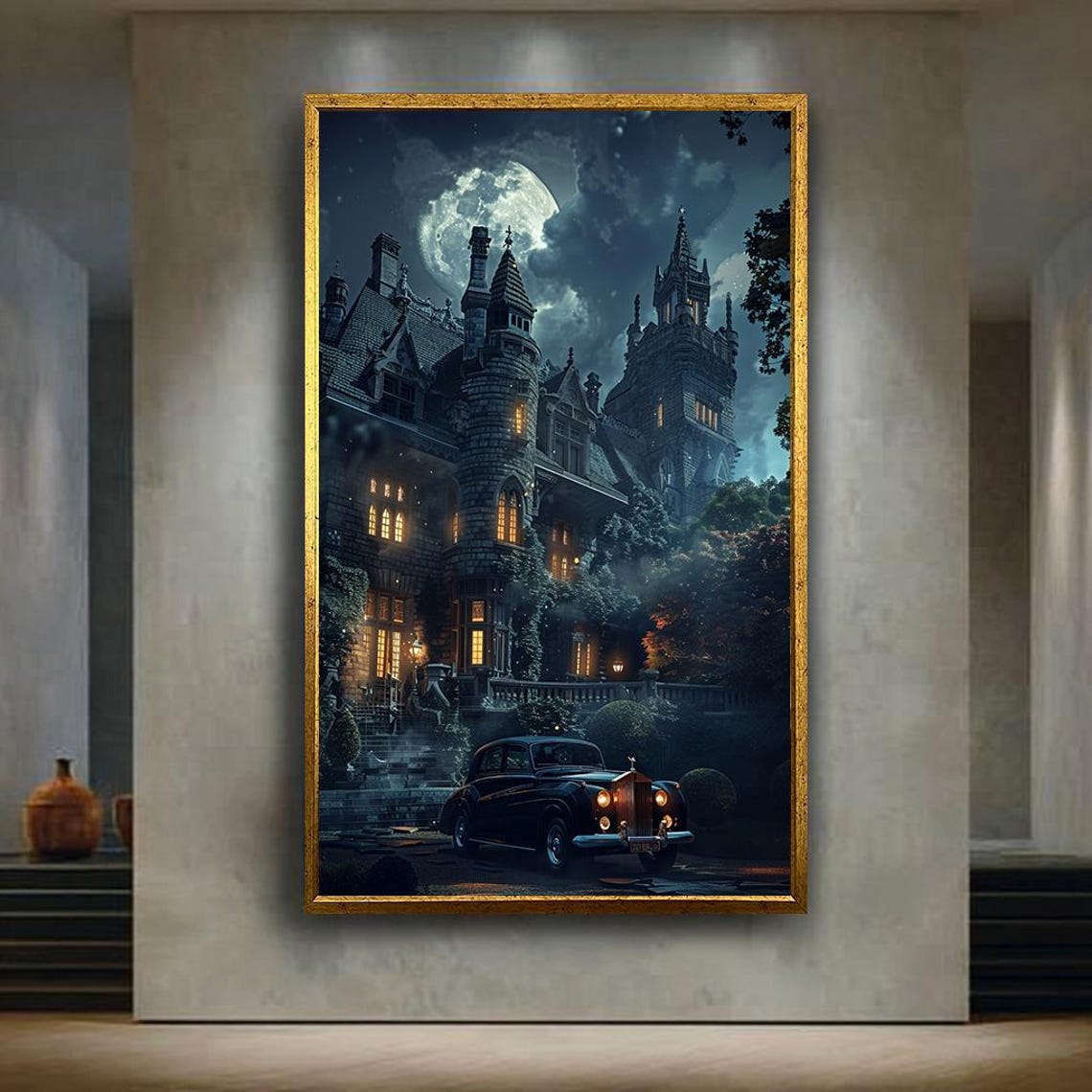 Haunted Gothic Mansion Under Full Moon With Vintage Car Poster