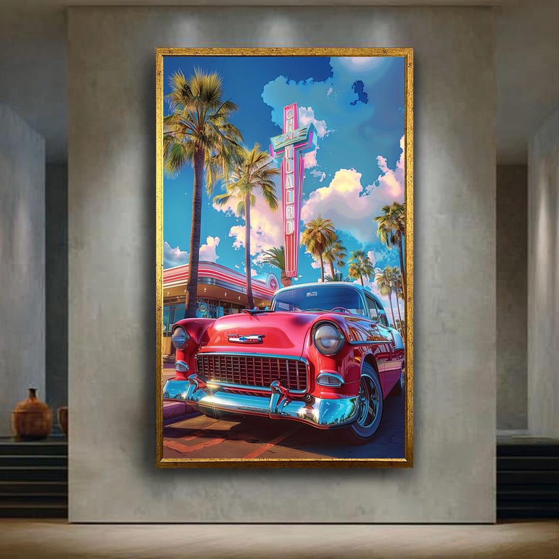 1955 Chevrolet Bel Air Red Retro Diner Neon Americana Poster