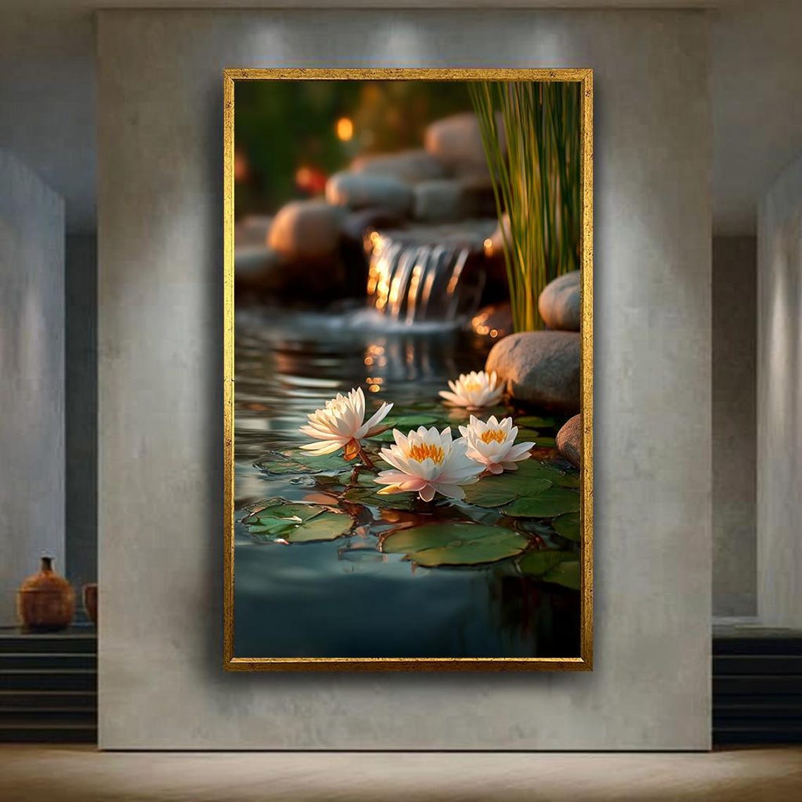 Serene White Water Lilies by Waterfall in Golden Pond Light Poster