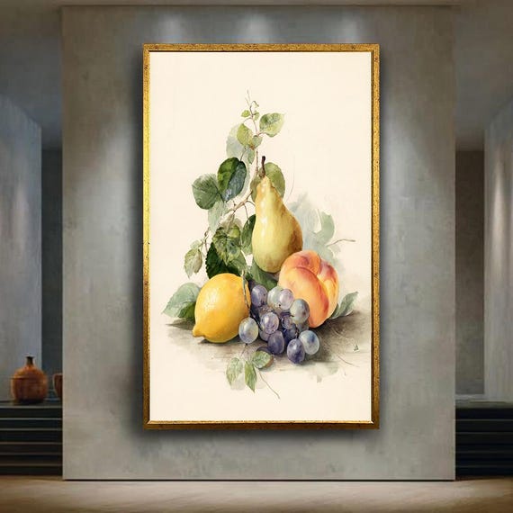 Vintage Fruit Still Life Canvas Wall Art Watercolor Lemon Pear Peach Grape Print Country Cottage Kitchen Botanical Decor