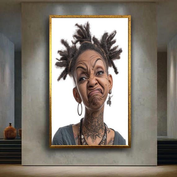 Funny Exaggerated Face Portrait Canvas Wall Art Quirky Tattooed Character With Playful Expression For Humor Home Decor