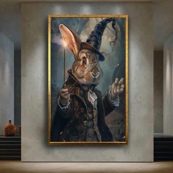 Wizard Rabbit Wall Art Canvas Magical Bunny Portrait With Wand And Hat Fantasy Animal Print For Whimsical Or Nursery Room Decor