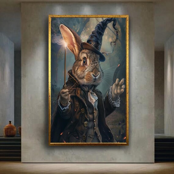 Wizard Rabbit With Wand Magic Hat Enchanted Fantasy Forest Wall Art