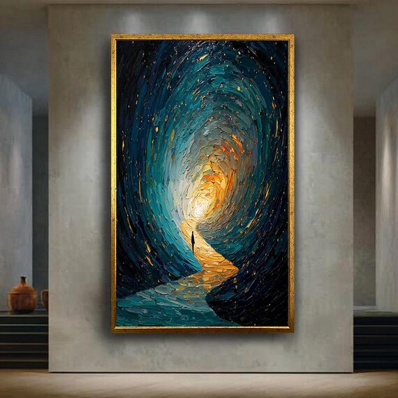 Abstract Tunnel Painting With Silhouette Figure Textured Palette Knife Art Colorful Path To Light Modern Canvas Wall Decor