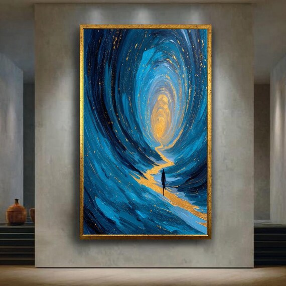 Blue Abstract Tunnel Painting With Golden Path Silhouette Figure Textured Palette Knife Art Modern Canvas Wall Decor