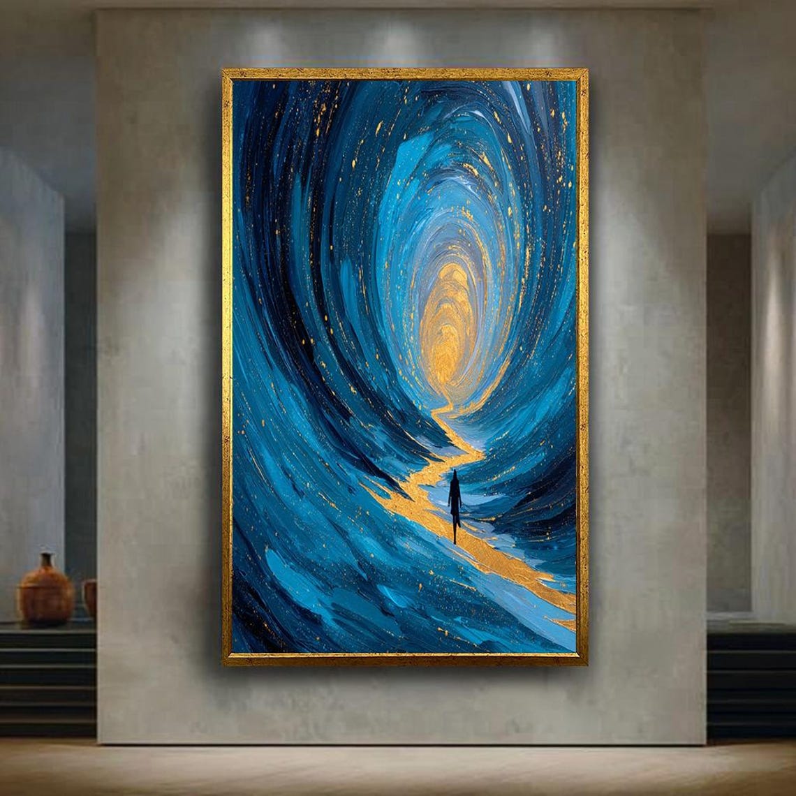 Blue Tunnel Golden Path Solitary Figure Abstract Journey Poster
