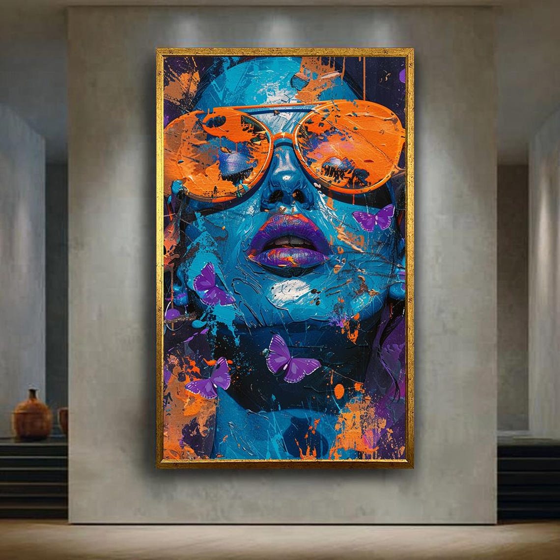 Pop Art Woman Portrait Blue Face Orange Sunglasses Butterfly Poster