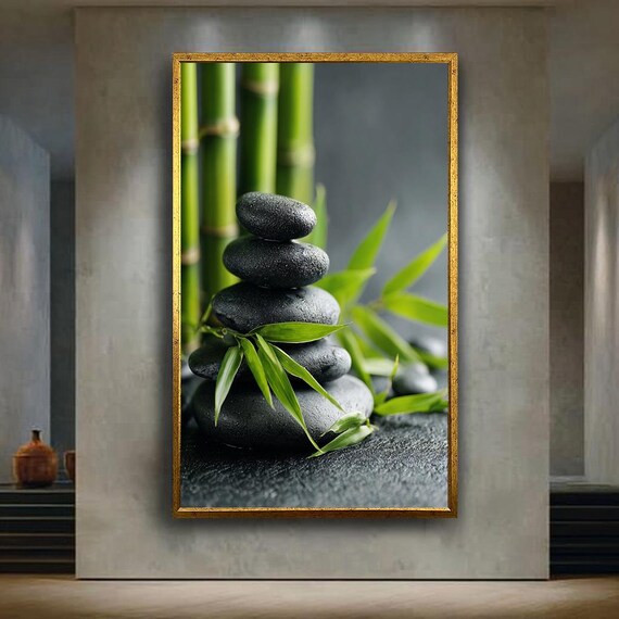 Zen Stone And Bamboo Canvas Print Peaceful Nature Wall Art For Spa Room Meditation Corner Yoga Studio Or Minimalist Home Decor