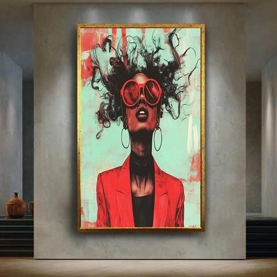 Afro Pop Art Woman Wall Print Bold Red Sunglasses Portrait In Urban Street Style Modern Afrocentric Canvas For Contemporary Decor