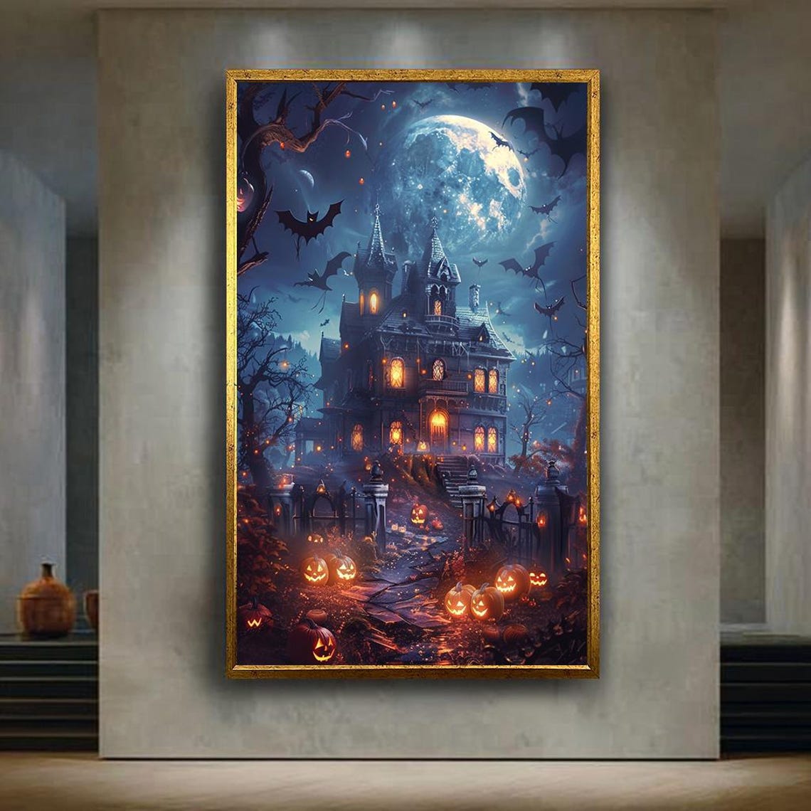 Haunted Gothic Mansion Under Full Moon Bats Jack O Lanterns Poster