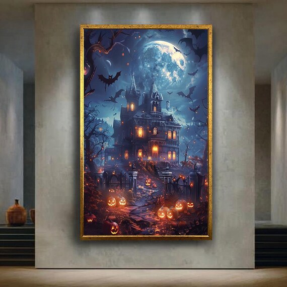 Haunted House Halloween Canvas Wall Art With Glowing Pumpkins And Bats Spooky Gothic Mansion Print For Fall Or Horror Home Decor