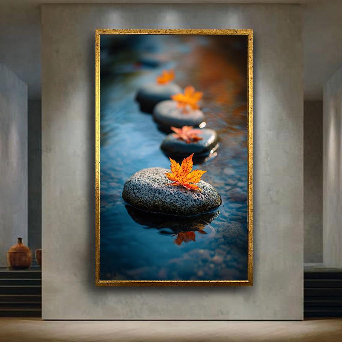 Autumn Maple Leaves Zen Stepping Stones Still Water Reflection Poster