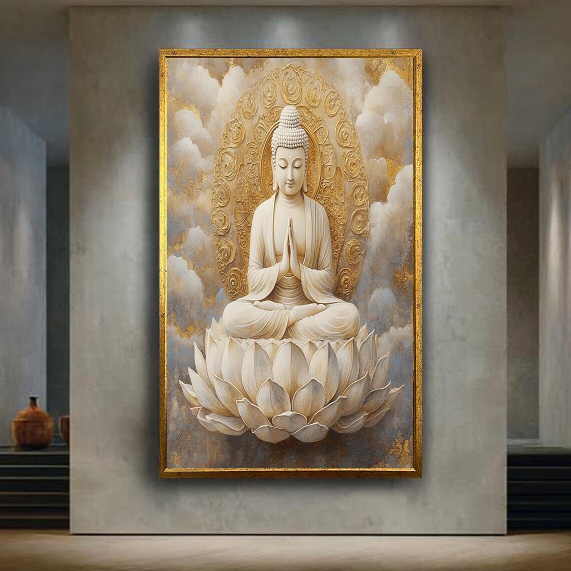 White Buddha on Lotus Golden Halo Serene Meditation Art Poster