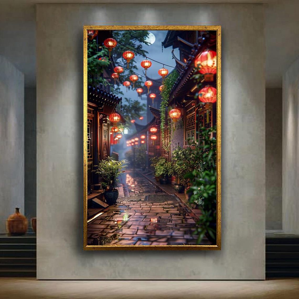 Traditional Asian Street With Red Lanterns at Night Tranquil Wall Art