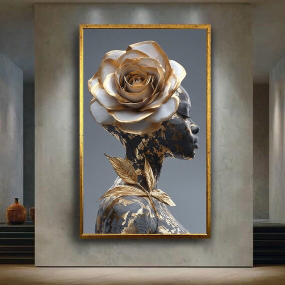 Golden Rose Abstract Portrait Canvas Wall Art Elegant Black And Gold Woman Print With Luxury Fashion Style For Modern Glam Decor